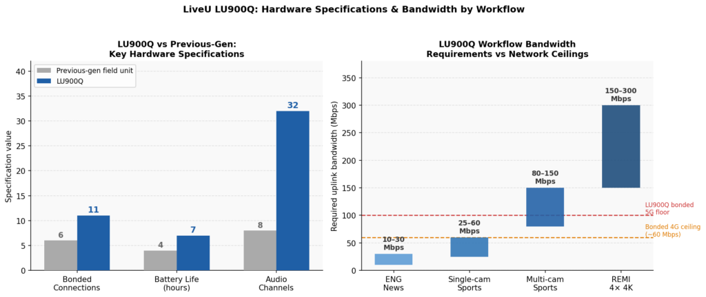 Comparison chart of LU900Q specifications versus previous-gen bonded field encoders, with bandwidth requirements by live production use case.

