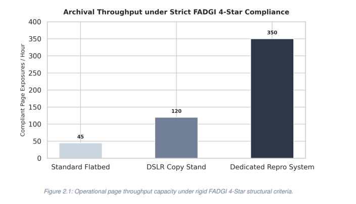 Bar chart tracking cultural heritage digitization throughput under strict FADGI 4-star compliance, showcasing three hundred and fifty exposures per hour for a dedicated repro system compared to forty-five for a standard flatbed scanner.