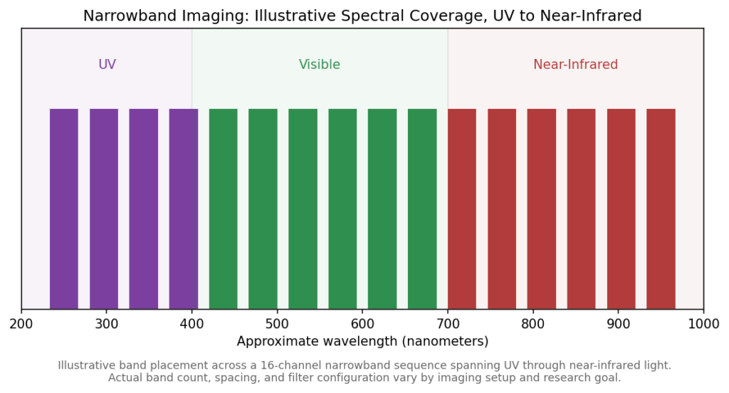 Illustrative chart showing narrowband multispectral imaging channels spanning UV to near infrared wavelengths.