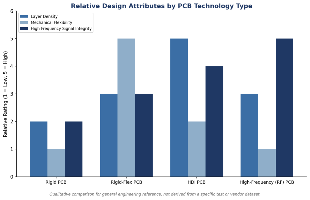 Comparison table and bar chart contrasting layer density, flexibility, and high-frequency signal integrity across PCB technology types.