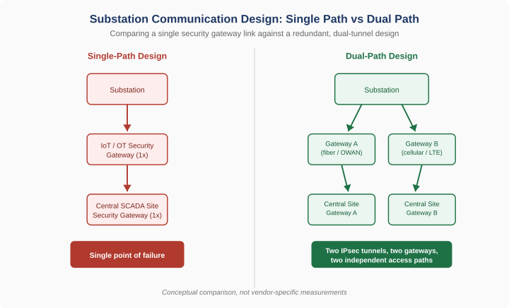 Diagram comparing a single path and a dual path substation communication security design Diagram comparing a single path and a dual path substation communication security design