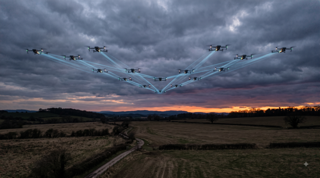 A coordinated formation of small tactical drones flying together in a synchronized pattern over an open field at dusk.