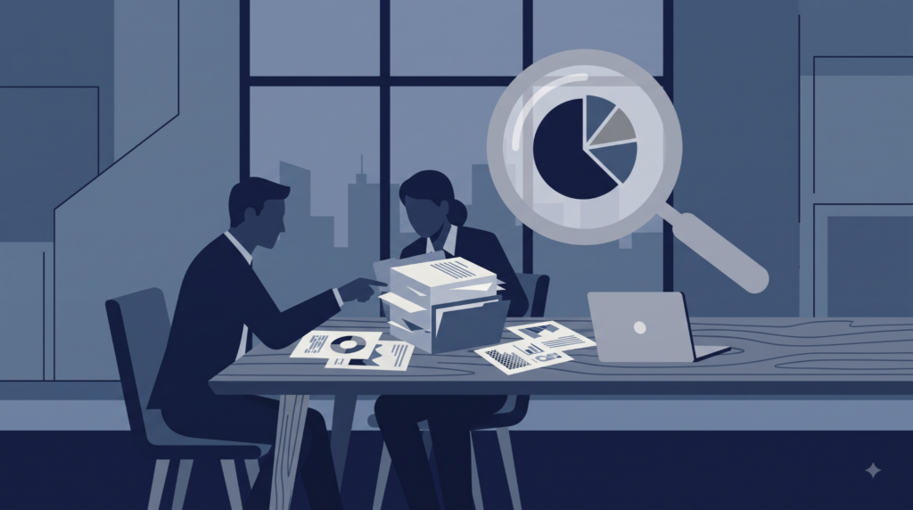 Flat vector illustration of two figures reviewing investment documents with a magnifying glass over a portfolio icon, representing fund due diligence.