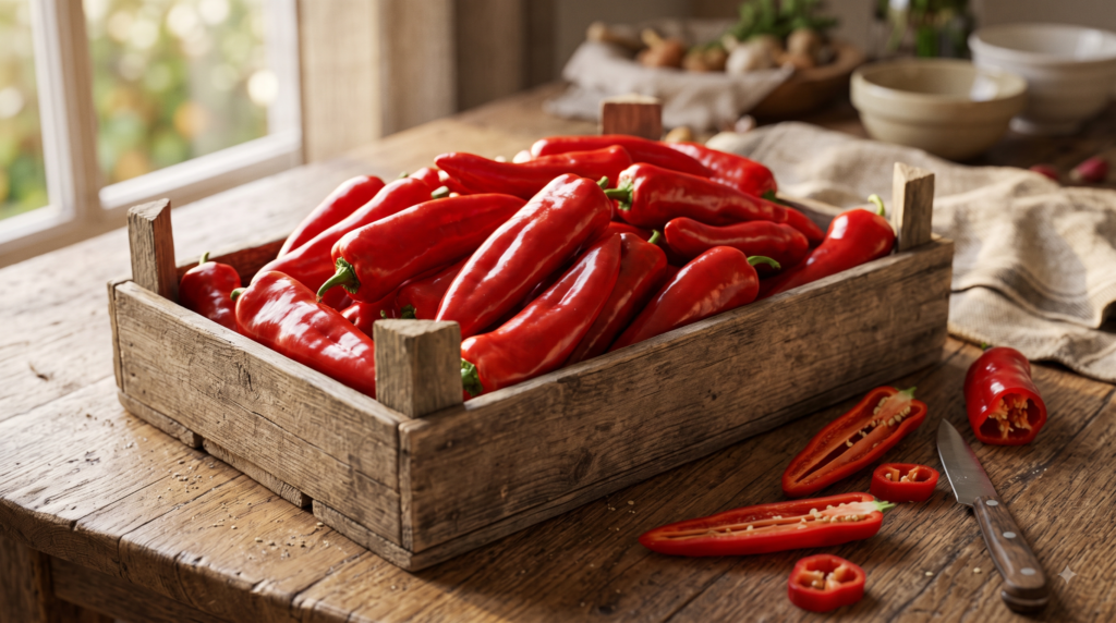 Photorealistic close-up of a crate of glossy, elongated red sweet peppers, some sliced open showing thin walls.