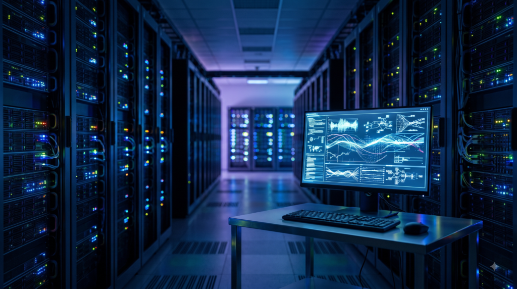 An unattended server room corridor with a workstation screen showing abstract automated workflow lines, symbolizing unmonitored RPA bots running in the background.