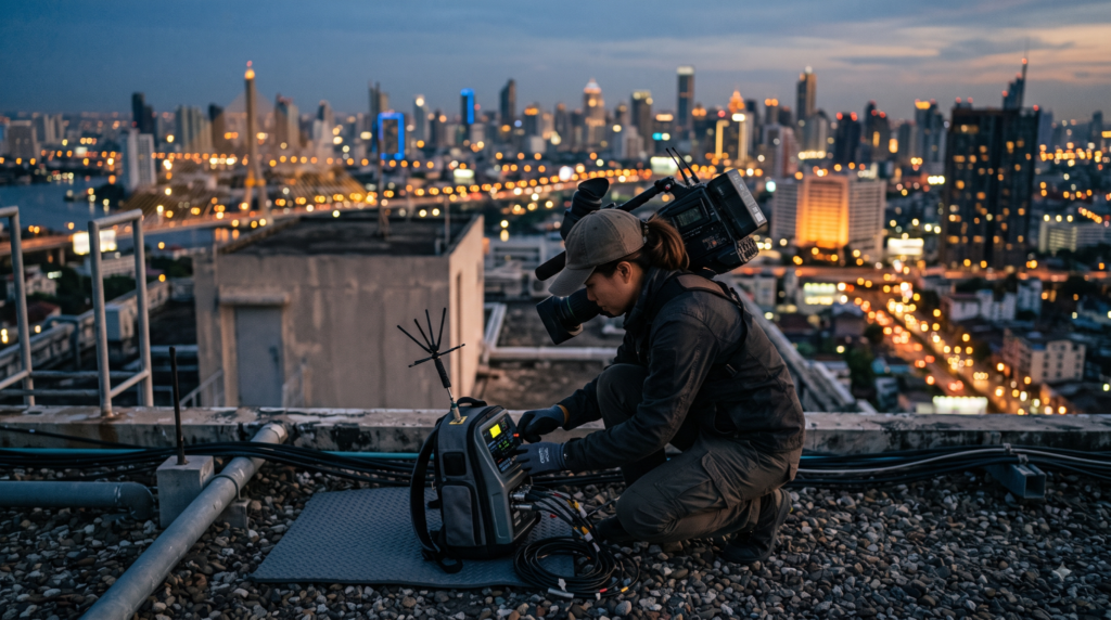 A broadcast field operator adjusting a compact wireless transmission backpack on a rooftop at dusk while covering a live event.