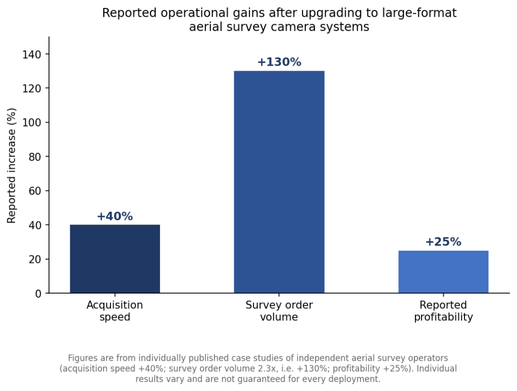 Bar chart showing reported operational gains in acquisition speed, survey order volume, and profitability after aerial survey operators upgraded to large-format camera systems.